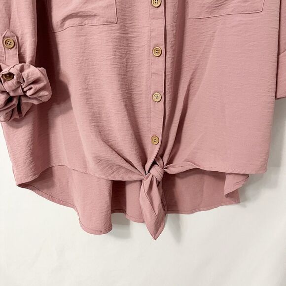 🟢Como Blu Blush Pink Rill tab Sleeve Button Down Front Tie Blouse Size 2X - Picture 6 of 7
